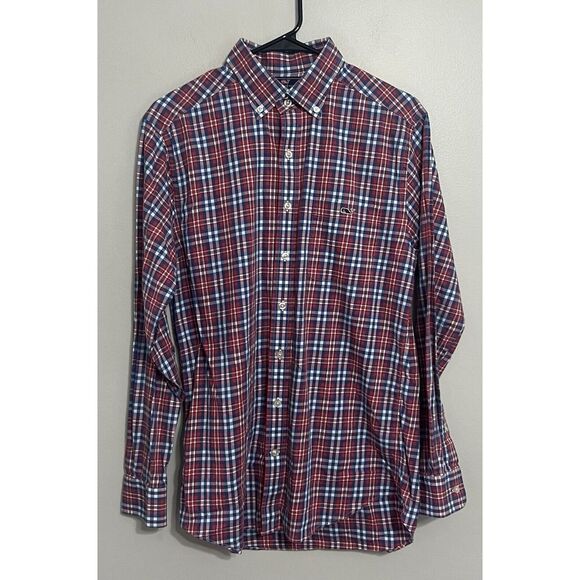 Vineyard Vines Men's Medium Slim Fit Tucker Red Plaid Long Sleeve Button Down - Picture 2 of 5